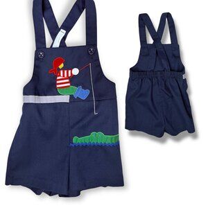 Vintage 1980s Toddler Navy Blue Fishing Boy Gator Shortalls Romper Outfit 3T
